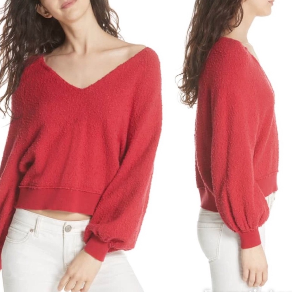 Free People 🍒Cherry Red Boucle Balloon-Sleeve Boho Pullover